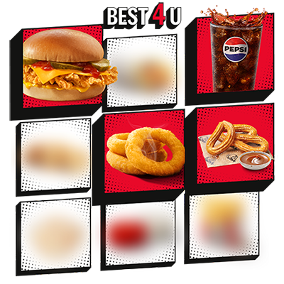 Cheeseburger + Bezedný nápoj + Cibulové Kroužky 3ks + Churros 3ks & Dip (Karamel)