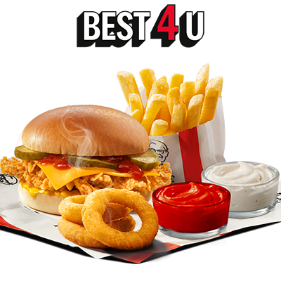 Cheeseburger + Cibulové Kroužky 3ks  + 2 omáčky (Česneková, Kečup) + Hranolky