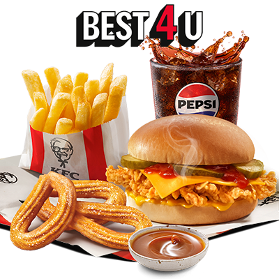 Cheeseburger + Bezedný nápoj + Churros 3ks & Dip (Karamel) + Hranolky