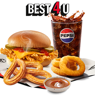 Cheeseburger + Bezedný nápoj + Cibulové Kroužky 3ks + Churros 3ks & Dip (Karamel) - cena, propagace, dodávka