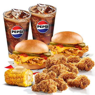 10 x Hot Wings, 2 x Cheeseburger, Kukuřice, 2x Bezedný nápoj 0,25l