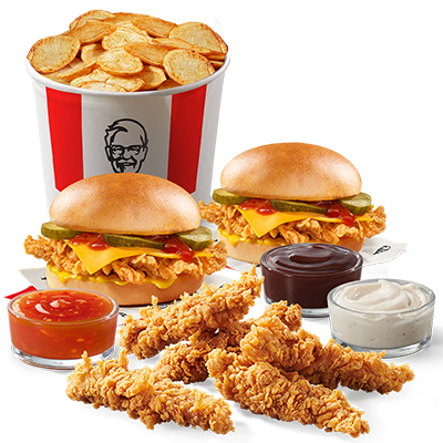 5 x Strips, 2 x Cheeseburger, Kyblík bram. lupínků, 3 x omáčka