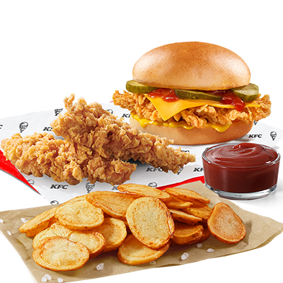 Cheeseburger + 2x Strips + potato chips + dip