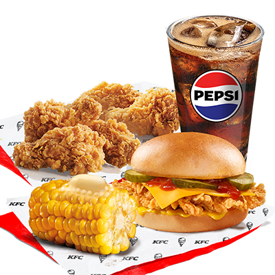 Cheeseburger + 5 Hot Wings + Kukuřice + bezedný kelímek