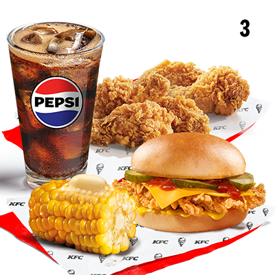 Cheeseburger + 5 Hot Wings + Kukuřice + bezedný kelímek