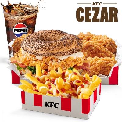 Bajgiel Burger Cezar Big Box z frytkami Cezar