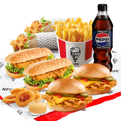 2x Cheeseburger, 2x Longer, 2x iTwist,5x Onion Rings, Dip, Kubełek Frytek, Pepsi Zero Cukru 0,85 l