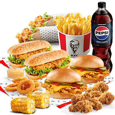2x Cheeseburger + 2x Longer + 2x iTwist + 5x Onion Rings + Bucket Fries + 6x Hot Wings + 2x Corn + Pepsi Zero 0,85l