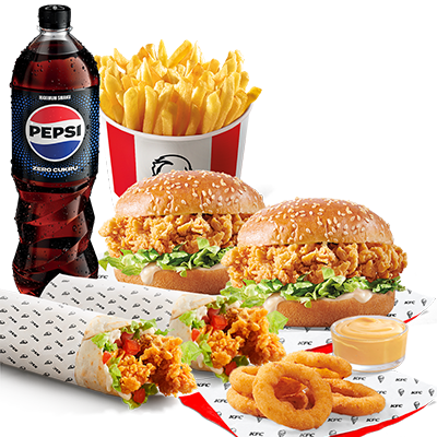 2x Twister + 2x Zinger + Kubełek Frytek + 5x Onion Rings + Dip + Pepsi 0,85l