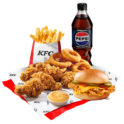 Zestaw Kibica (5x Hot Wings + Cheeseburger + 5x Onion Rings + Frytki + Sos + Pepsi Zero 0,85 l)