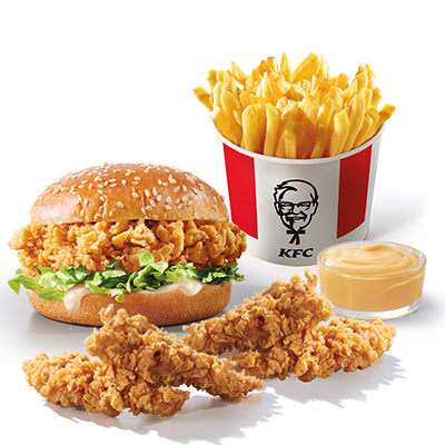 Zinger Burger + Kubełek Frytek + 4x Strips + Sos